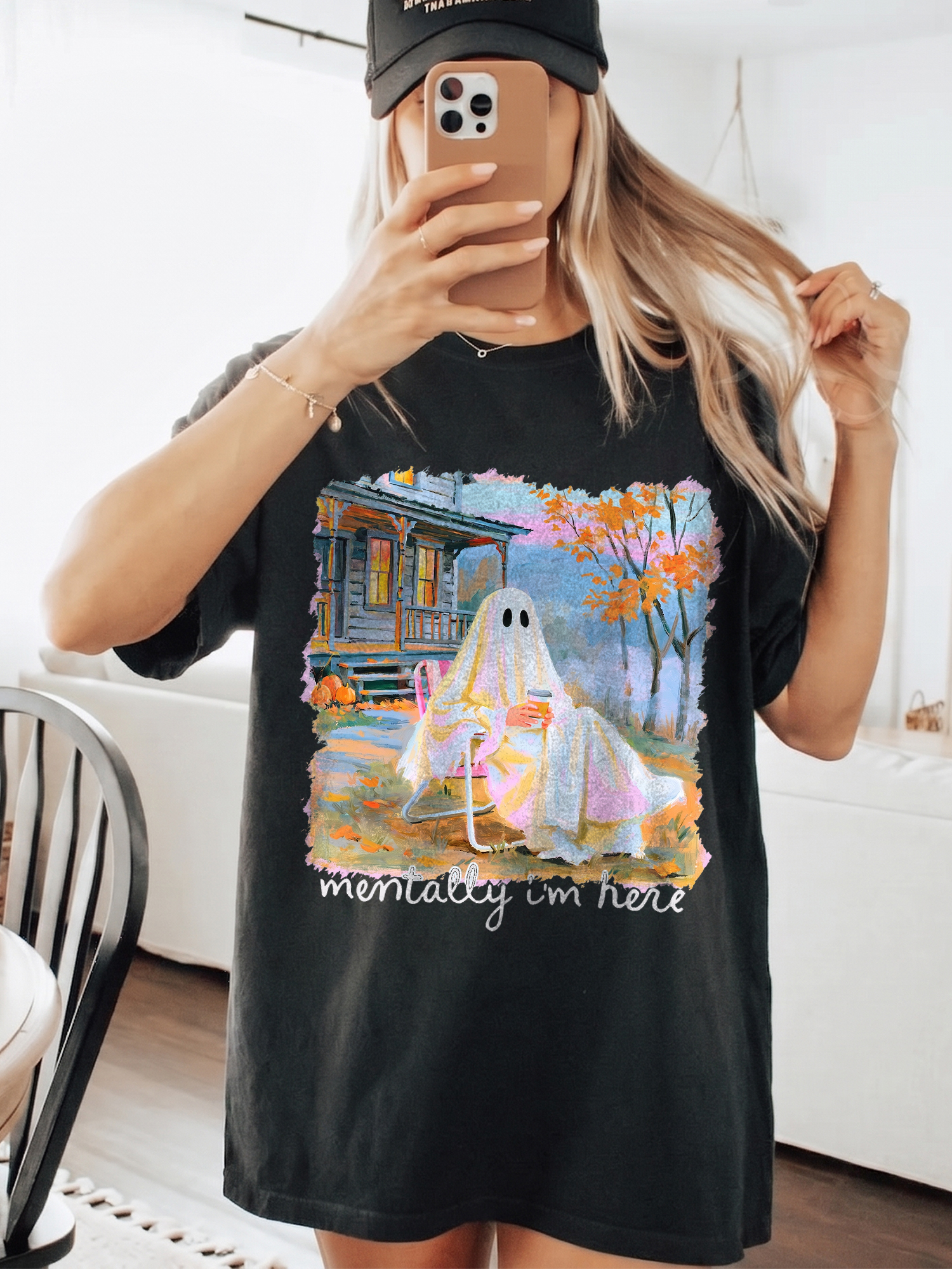 Mentally I'm Here Ghost Shirt - Cozy Fall Coffee Graphic Tee