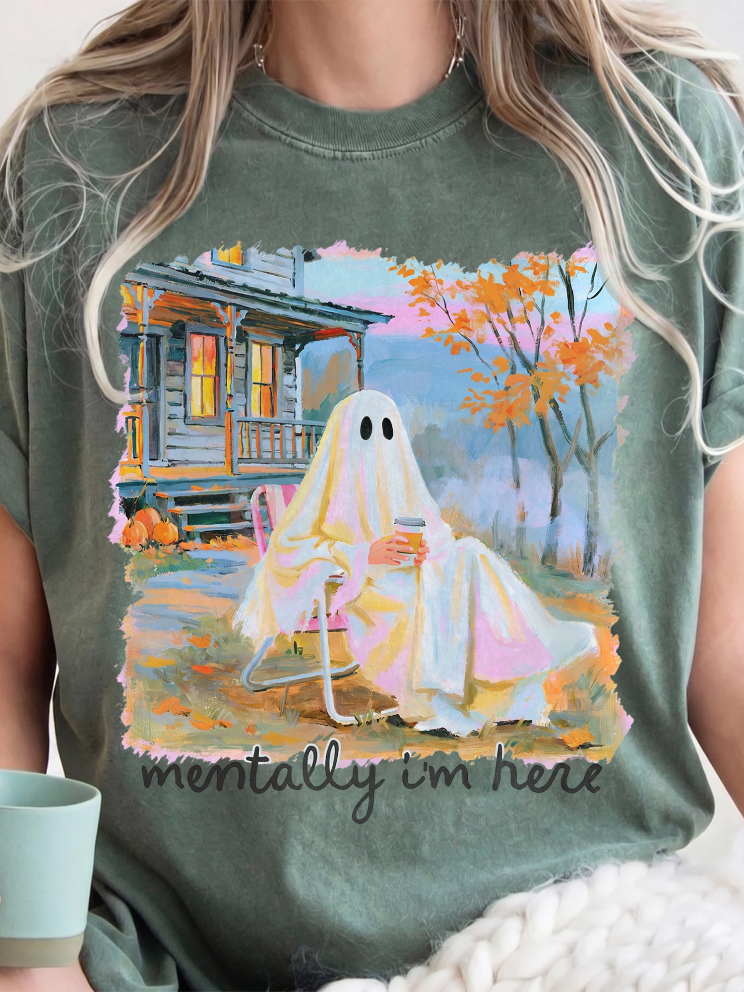 Mentally I'm Here Ghost Shirt - Cozy Fall Coffee Graphic Tee