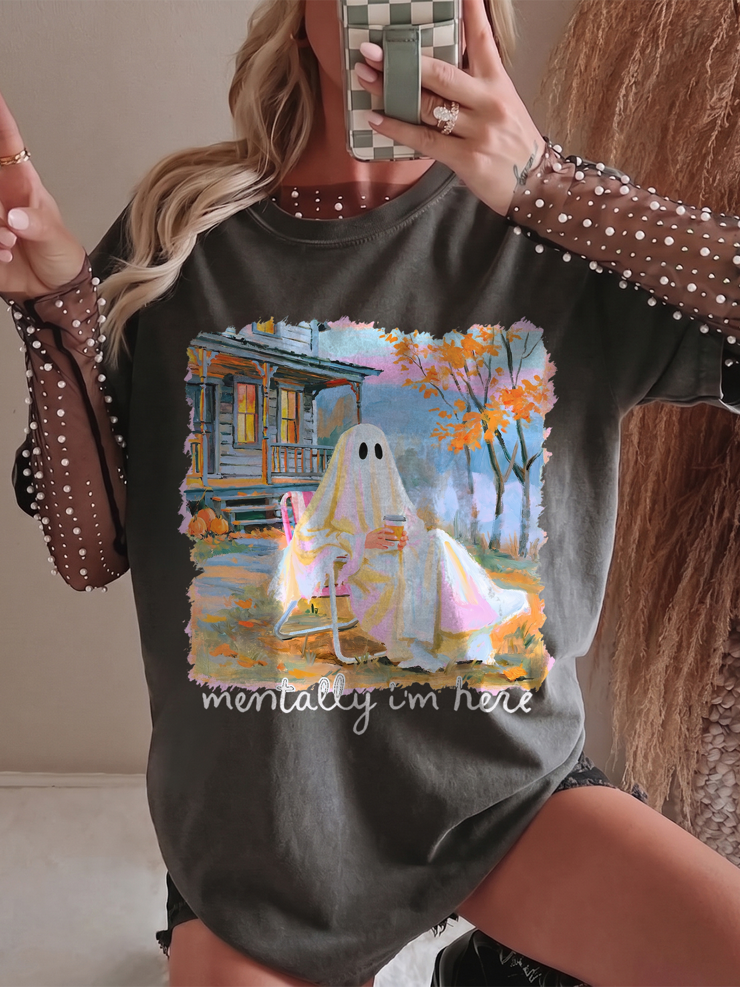 Mentally I'm Here Ghost Shirt - Cozy Fall Coffee Graphic Tee