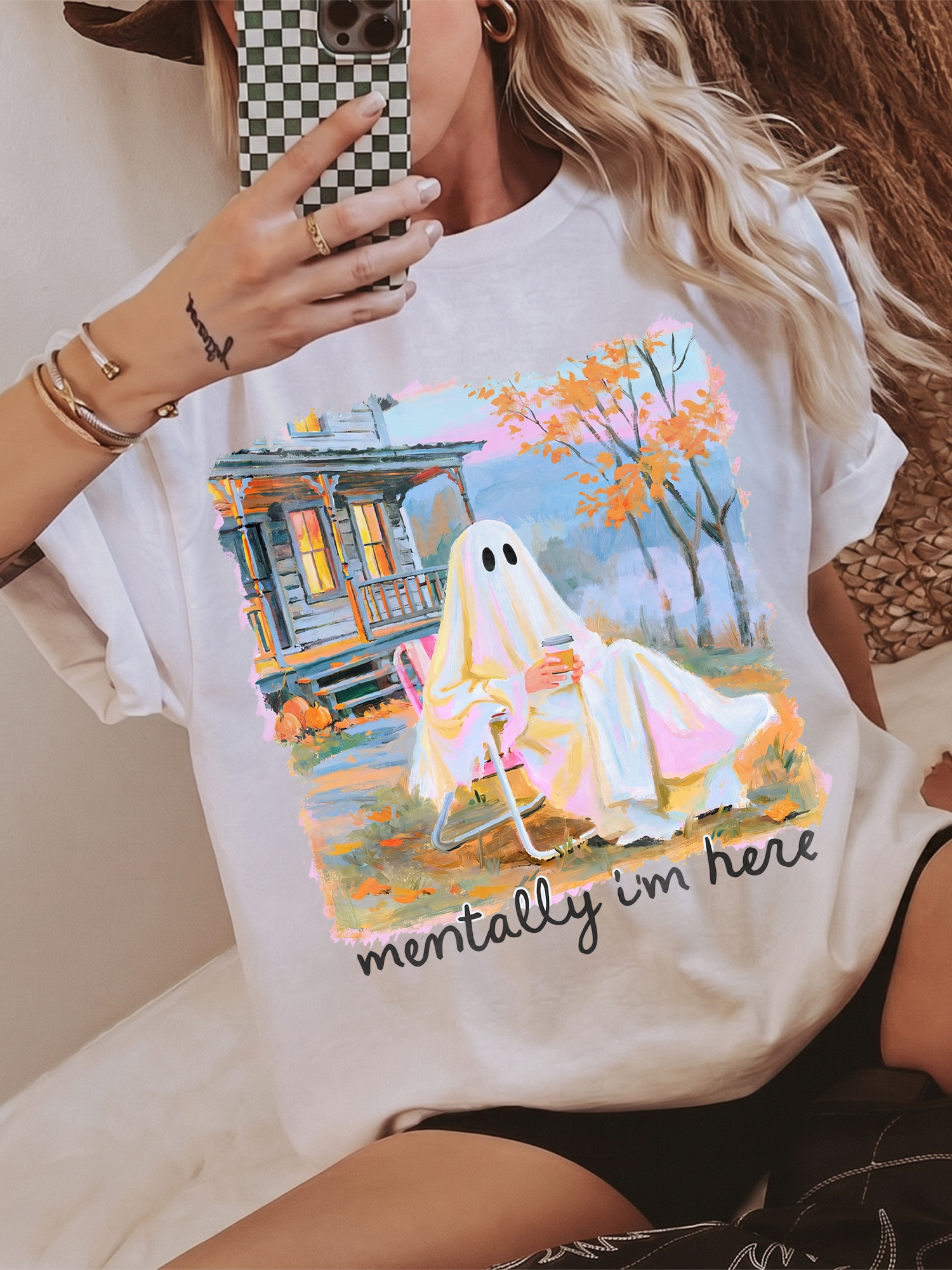 Mentally I'm Here Ghost Shirt - Cozy Fall Coffee Graphic Tee
