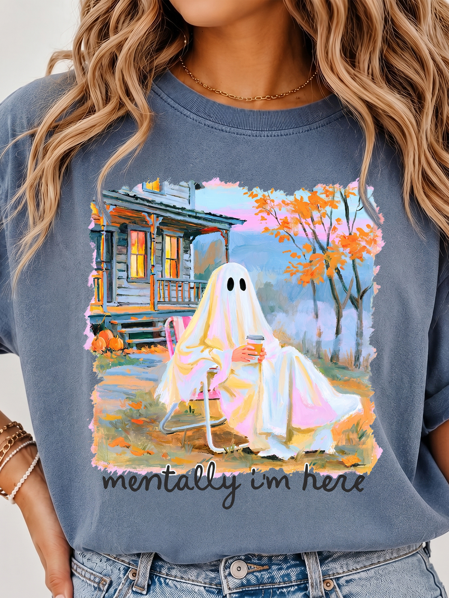 Mentally I'm Here Ghost Shirt - Cozy Fall Coffee Graphic Tee