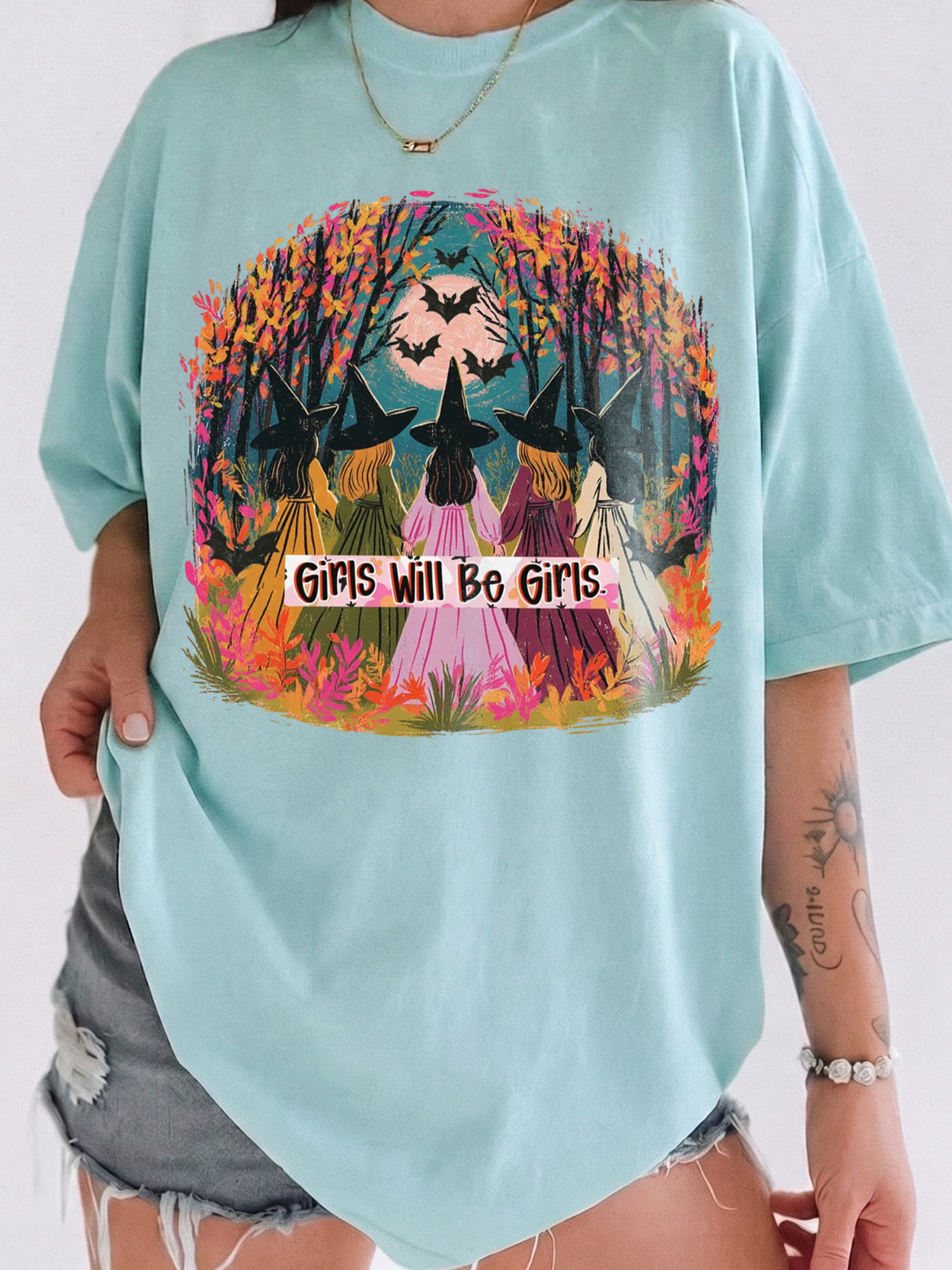 Girls Will Be Girls Witch T-Shirt qlqwuxnm Halloween Coven Tee