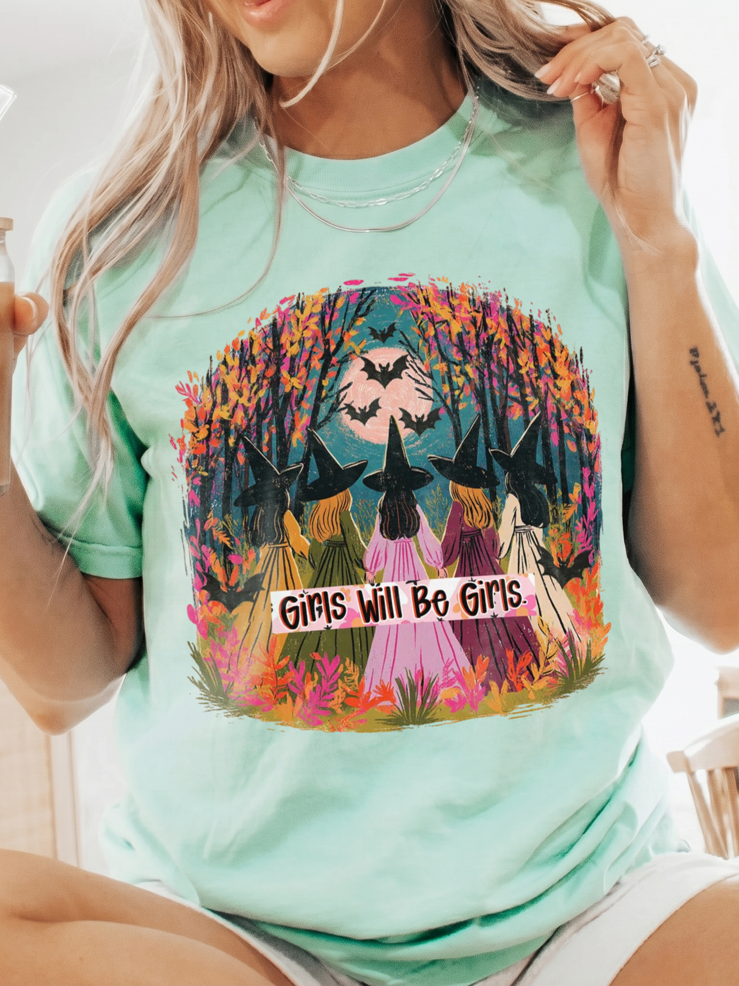 Girls Will Be Girls Witch T-Shirt qlqwuxnm Halloween Coven Tee