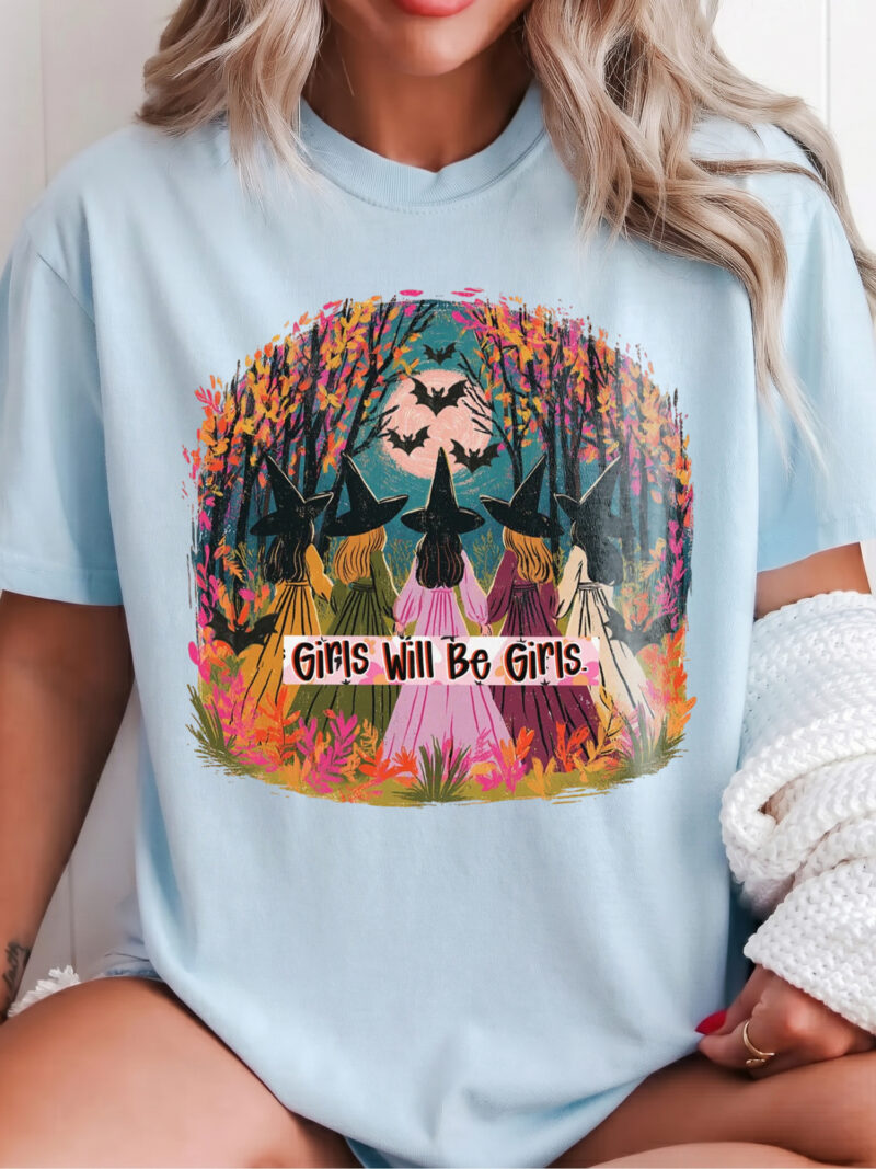 Girls Will Be Girls Witch T-Shirt qlqwuxnm Halloween Coven Tee