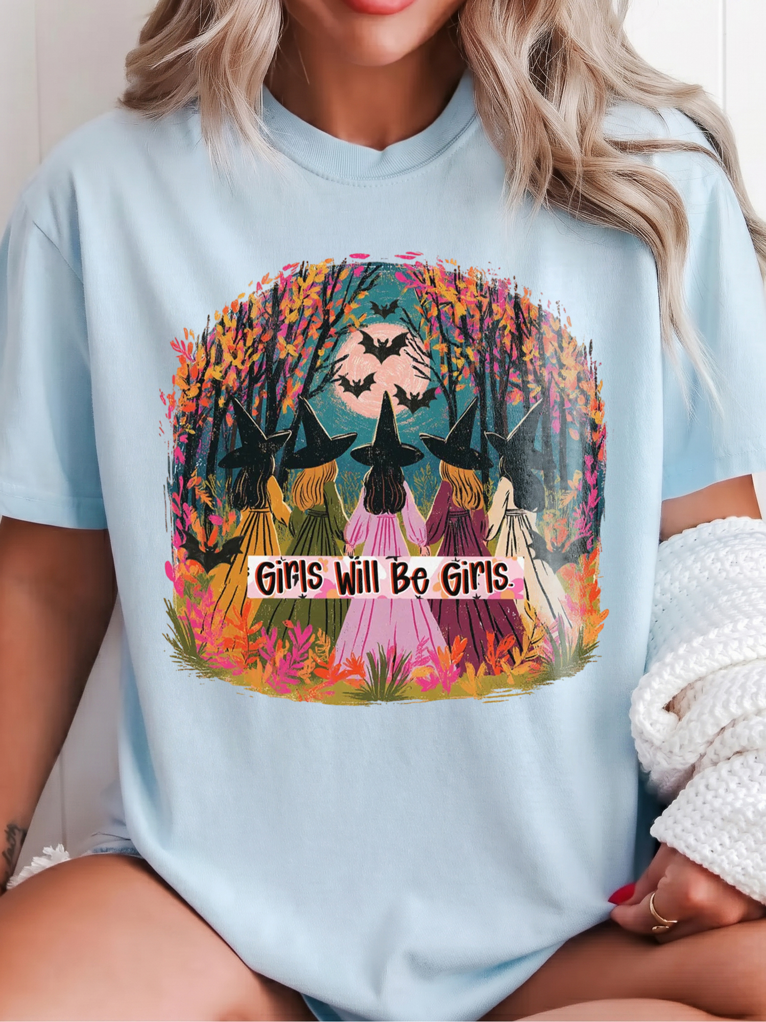 Girls Will Be Girls Witch T-Shirt qlqwuxnm Halloween Coven Tee