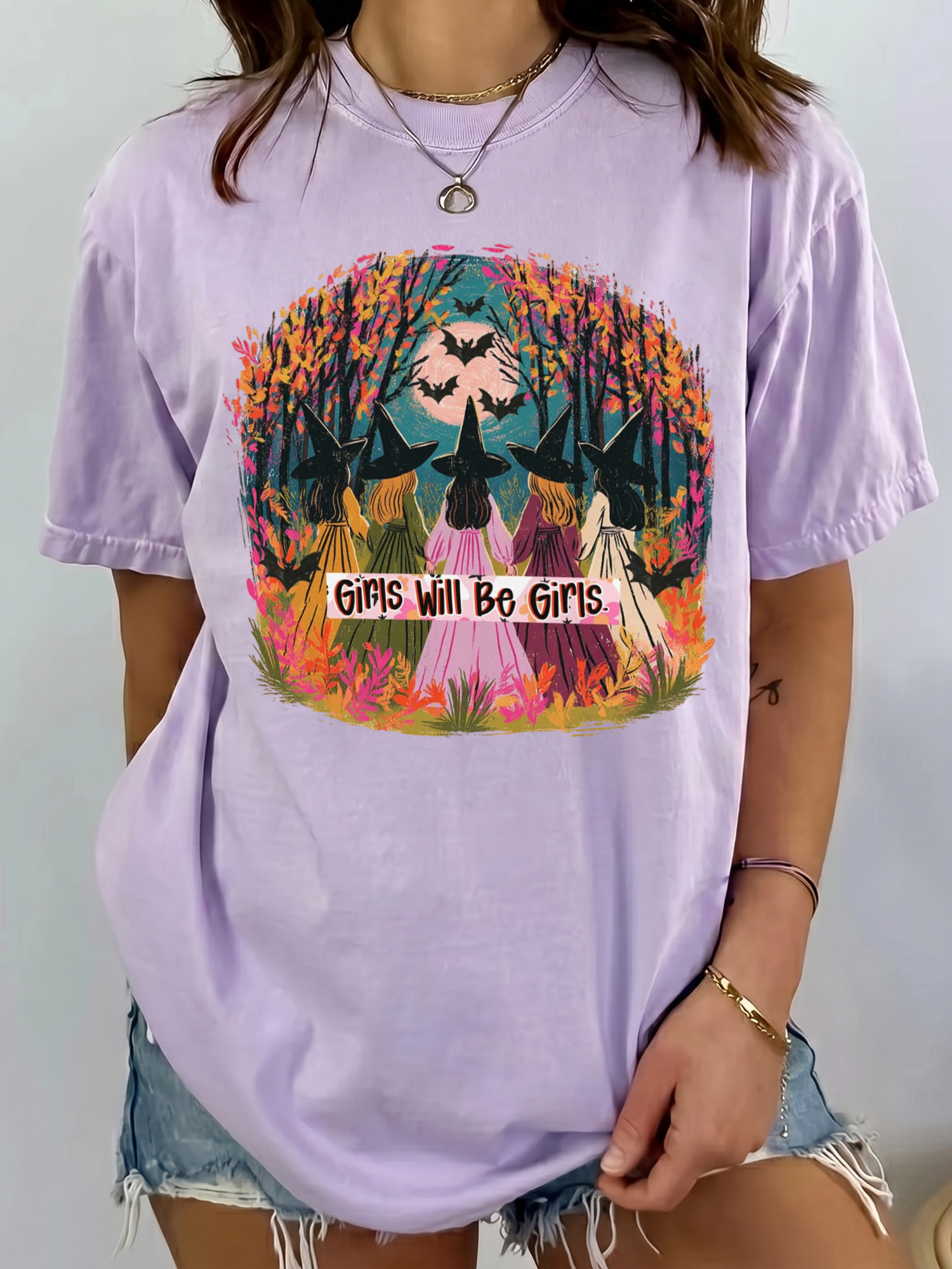 Girls Will Be Girls Witch T-Shirt qlqwuxnm Halloween Coven Tee