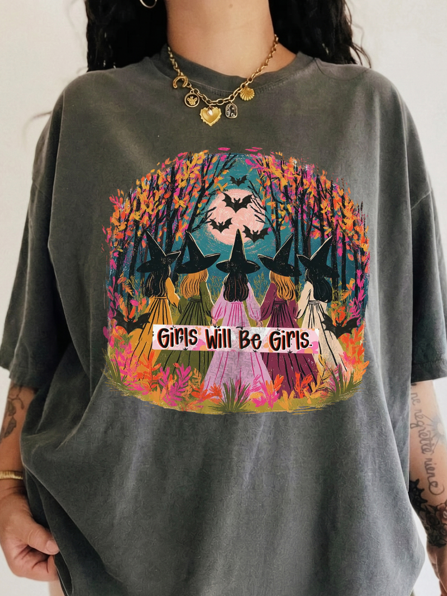 Girls Will Be Girls Witch T-Shirt qlqwuxnm Halloween Coven Tee