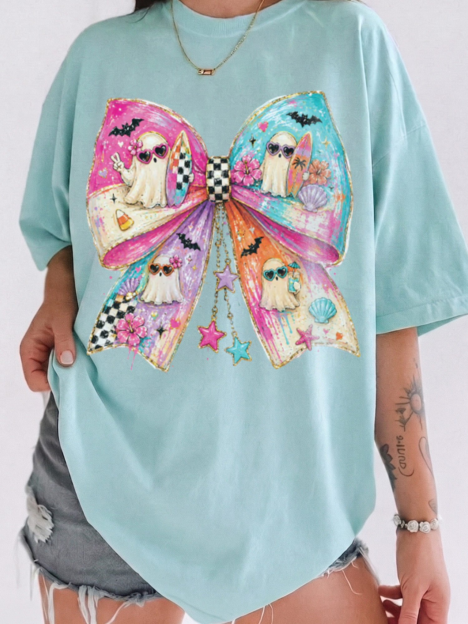 Pastel Summerween Beach Ghost Bow Graphic Tee