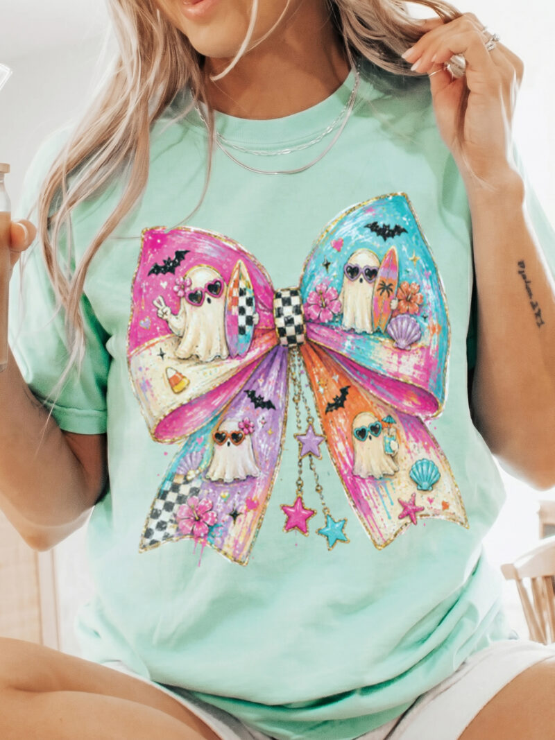 Pastel Summerween Beach Ghost Bow Graphic Tee