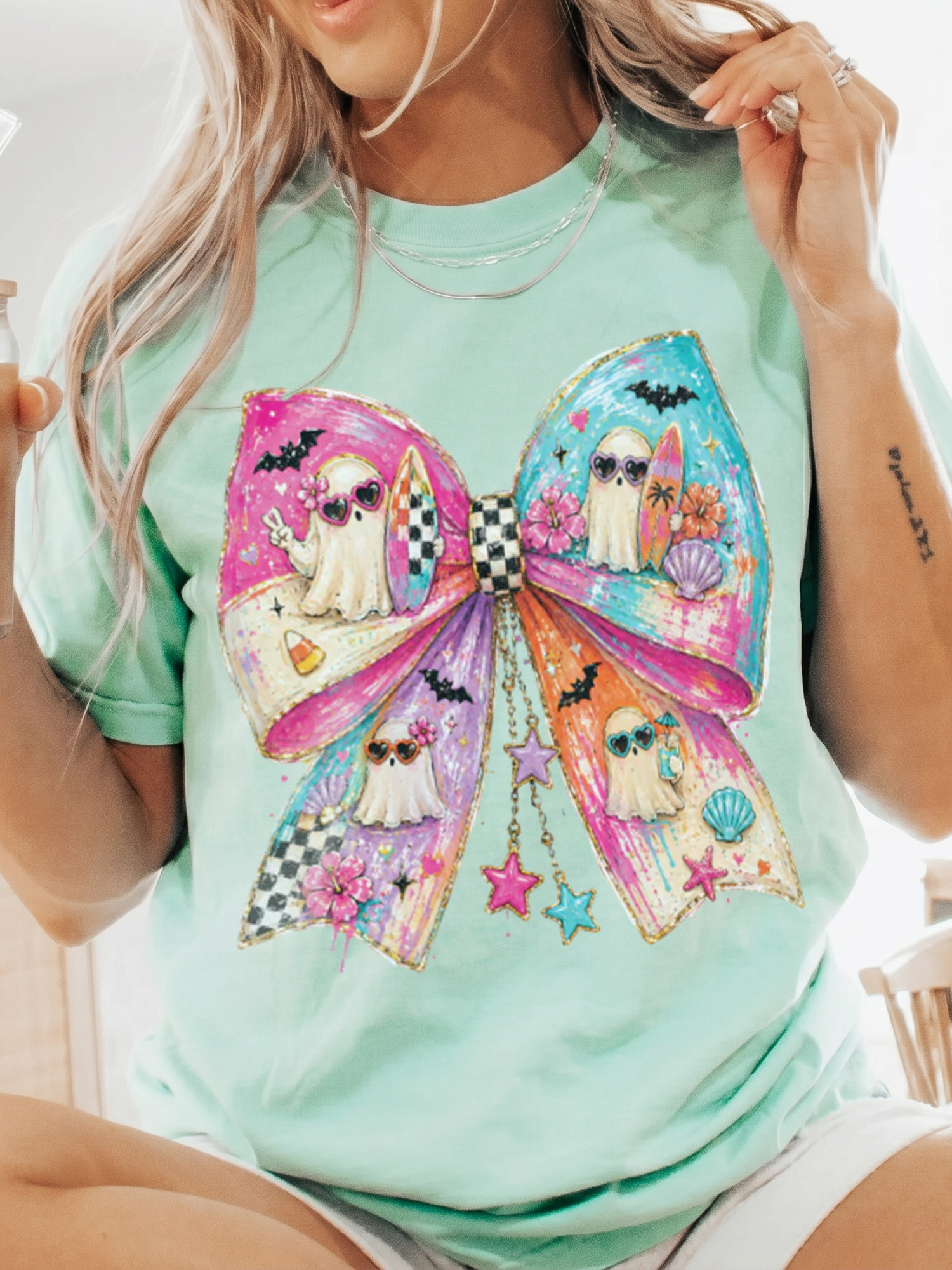 Pastel Summerween Beach Ghost Bow Graphic Tee