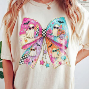 Pastel Summerween Beach Ghost Bow Graphic Tee