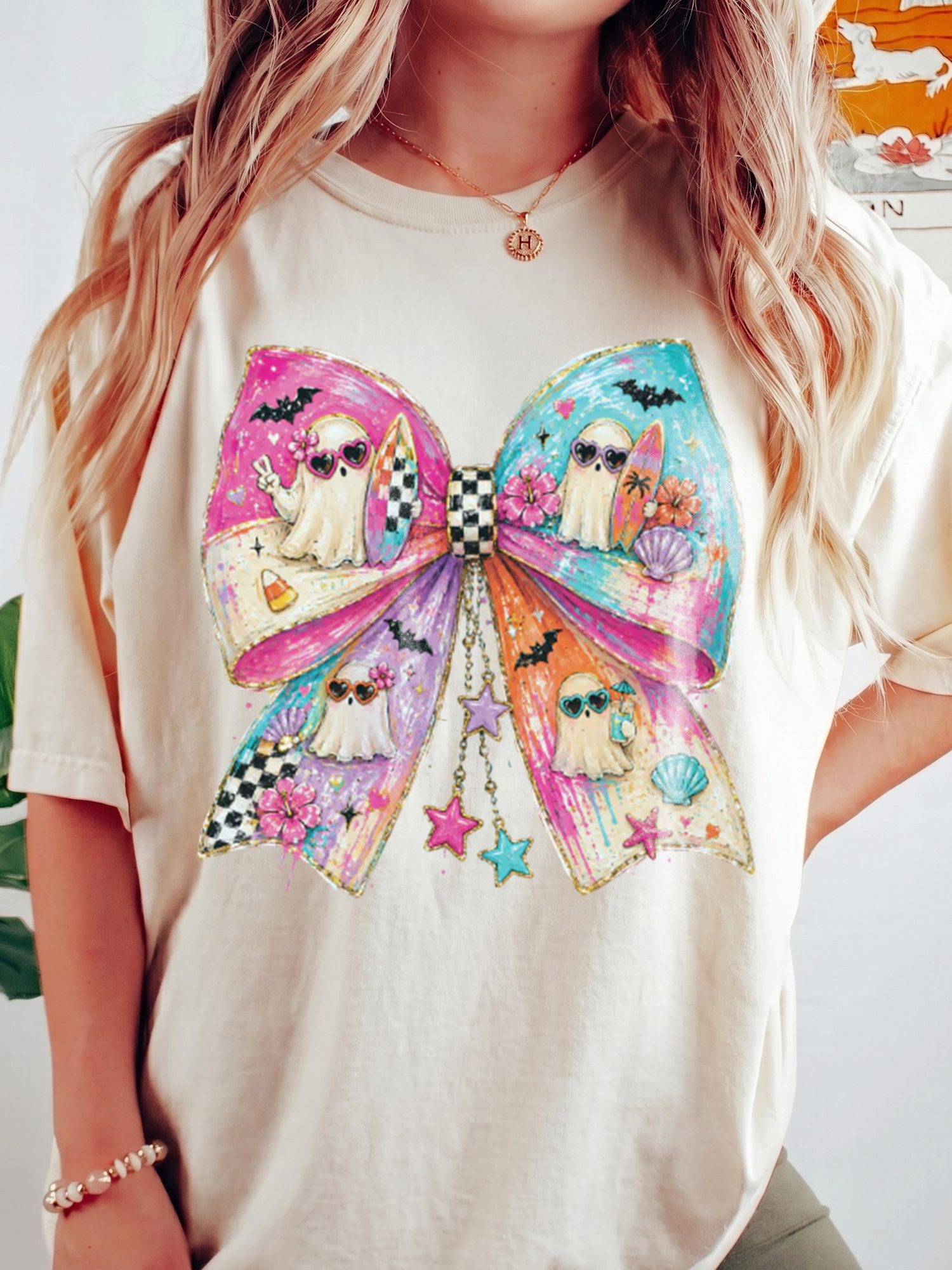 Pastel Summerween Beach Ghost Bow Graphic Tee