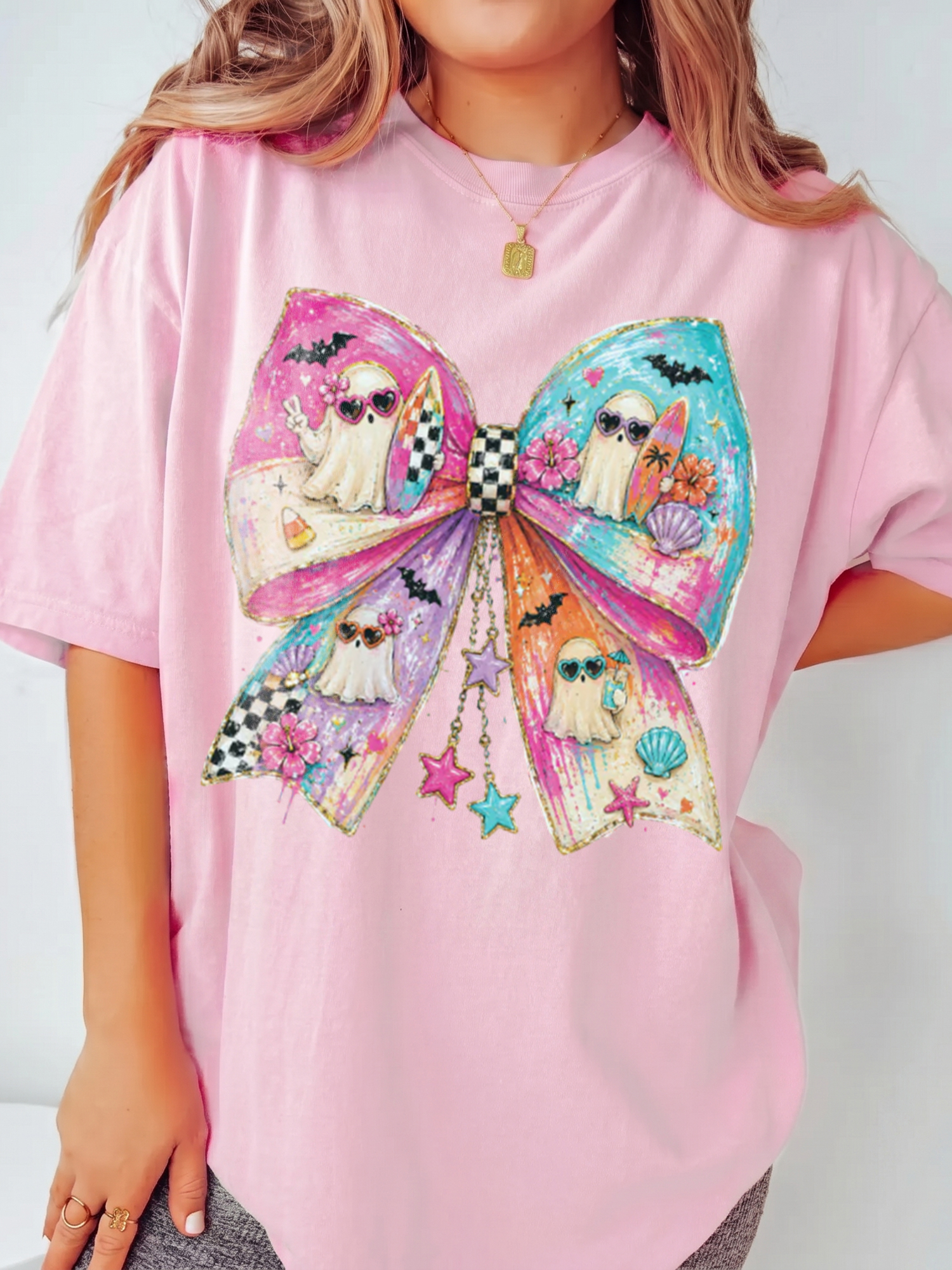 Pastel Summerween Beach Ghost Bow Graphic Tee