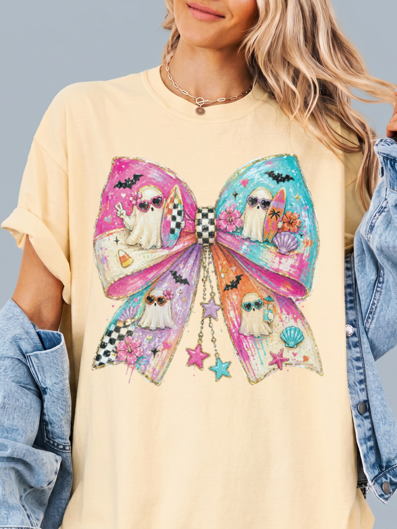 Pastel Summerween Beach Ghost Bow Graphic Tee