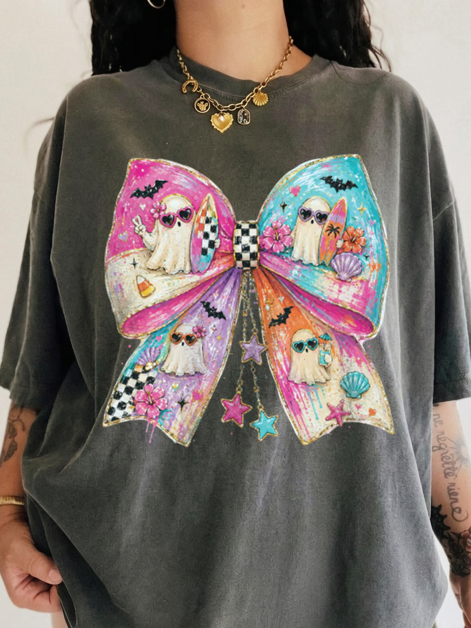 Pastel Summerween Beach Ghost Bow Graphic Tee