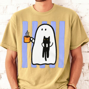Cute Ghost & Black Cat Halloween Graphic T-Shirt