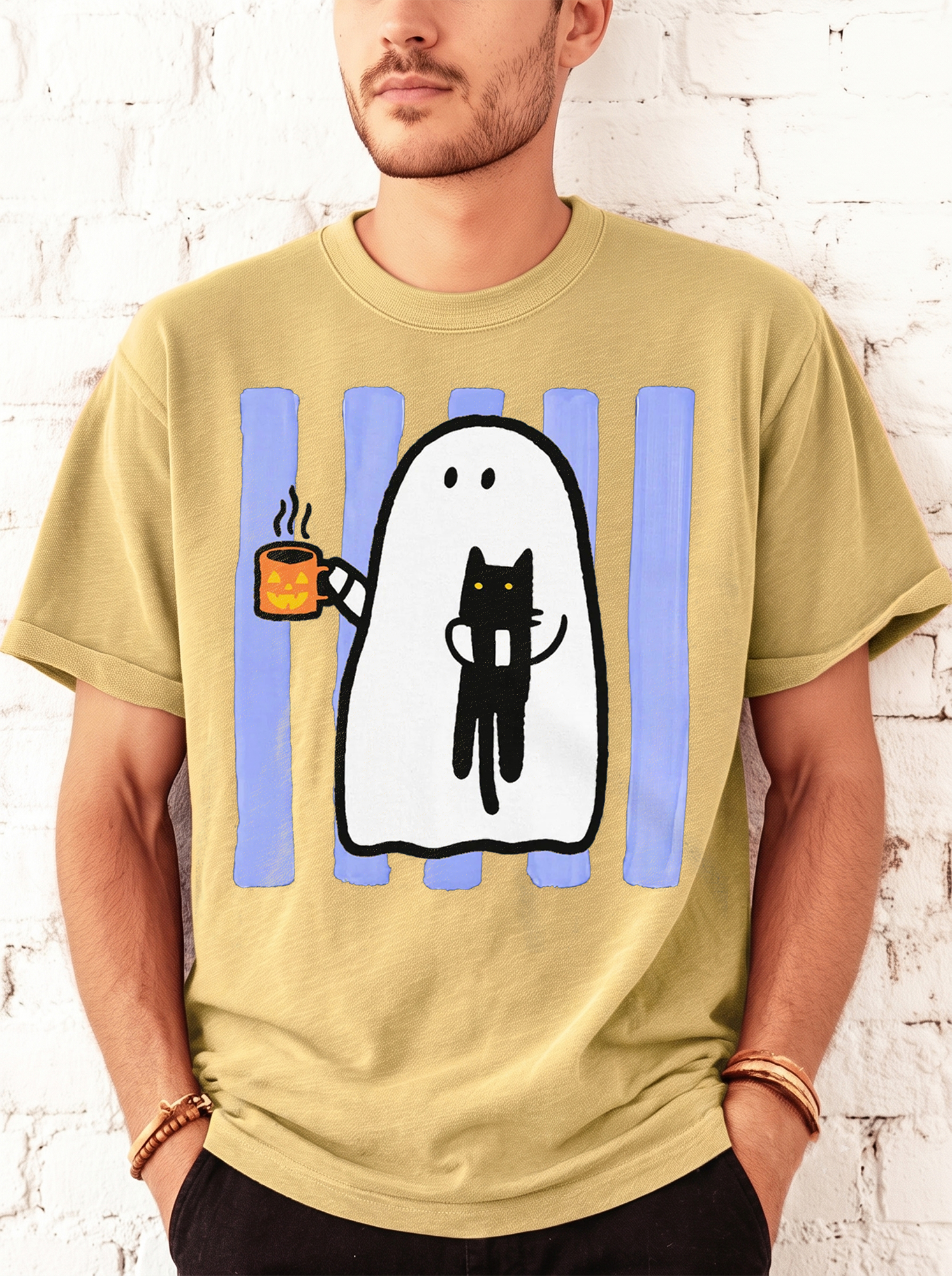 Cute Ghost & Black Cat Halloween Graphic T-Shirt