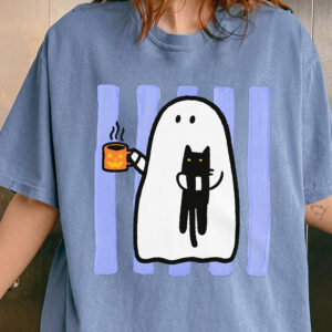 Cute Ghost & Black Cat Halloween Graphic T-Shirt