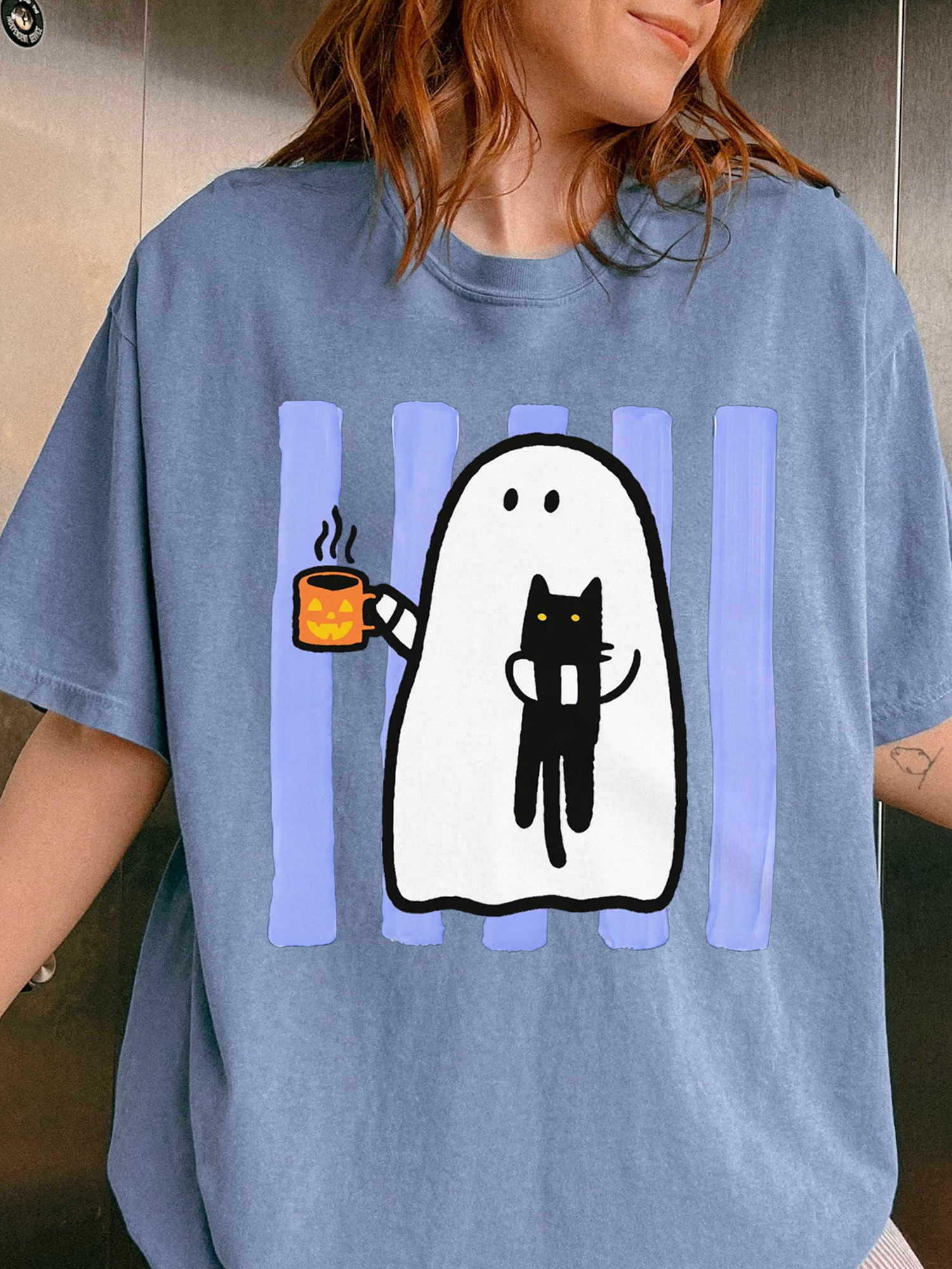 Cute Ghost & Black Cat Halloween Graphic T-Shirt