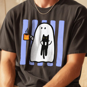 Cute Ghost & Black Cat Halloween Graphic T-Shirt