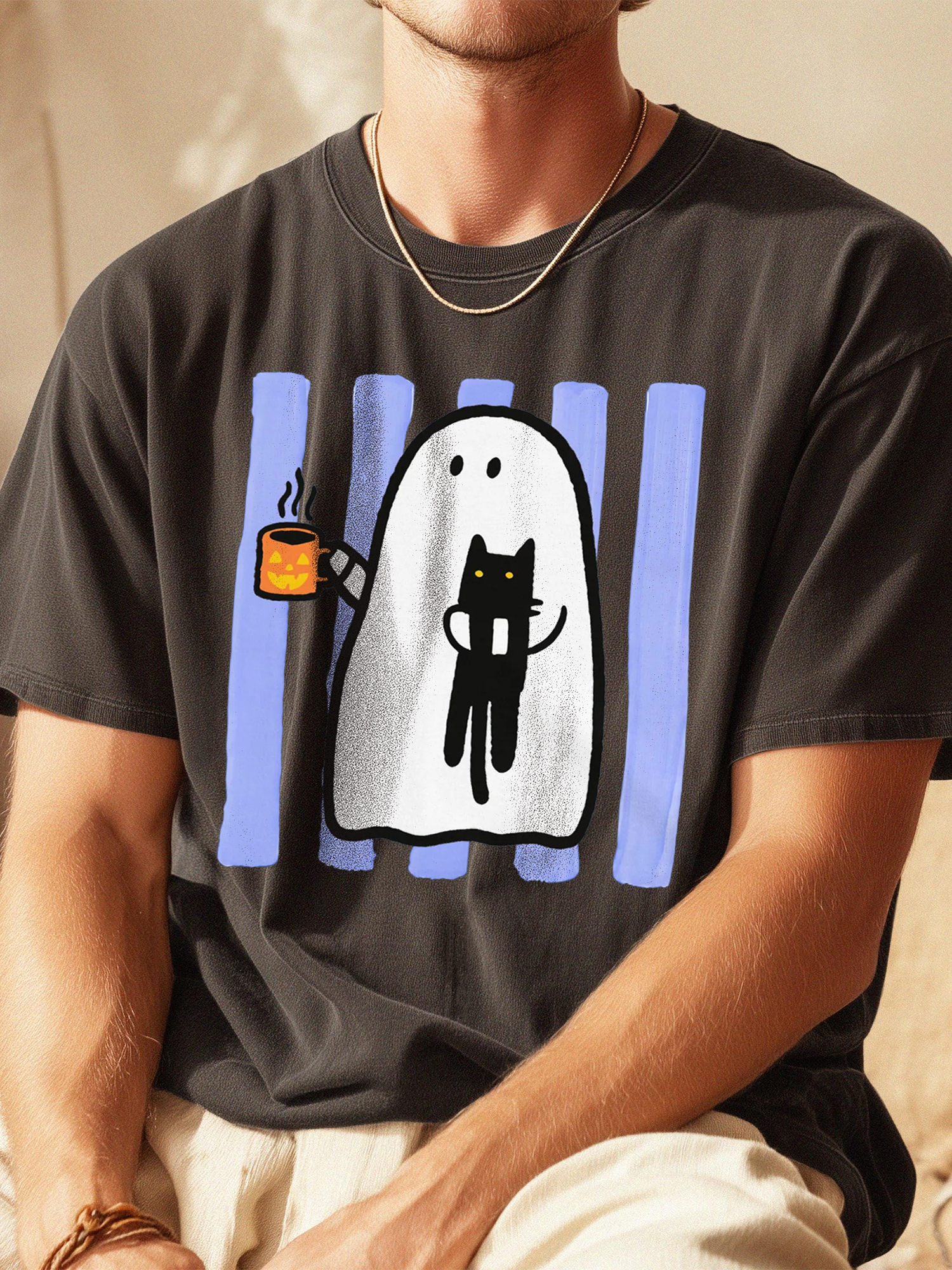 Cute Ghost & Black Cat Halloween Graphic T-Shirt