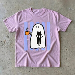Cute Ghost & Black Cat Halloween Graphic T-Shirt