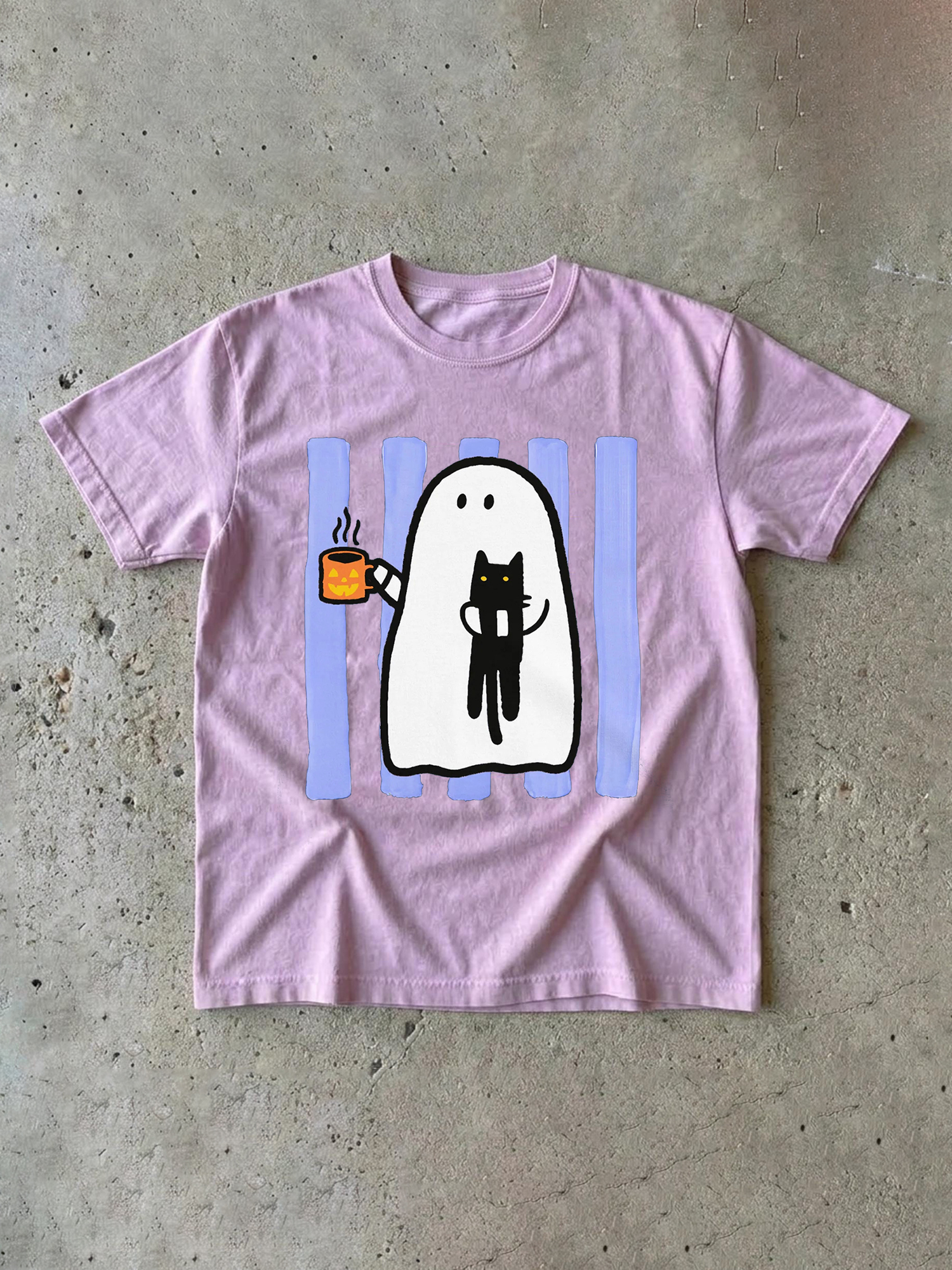 Cute Ghost & Black Cat Halloween Graphic T-Shirt