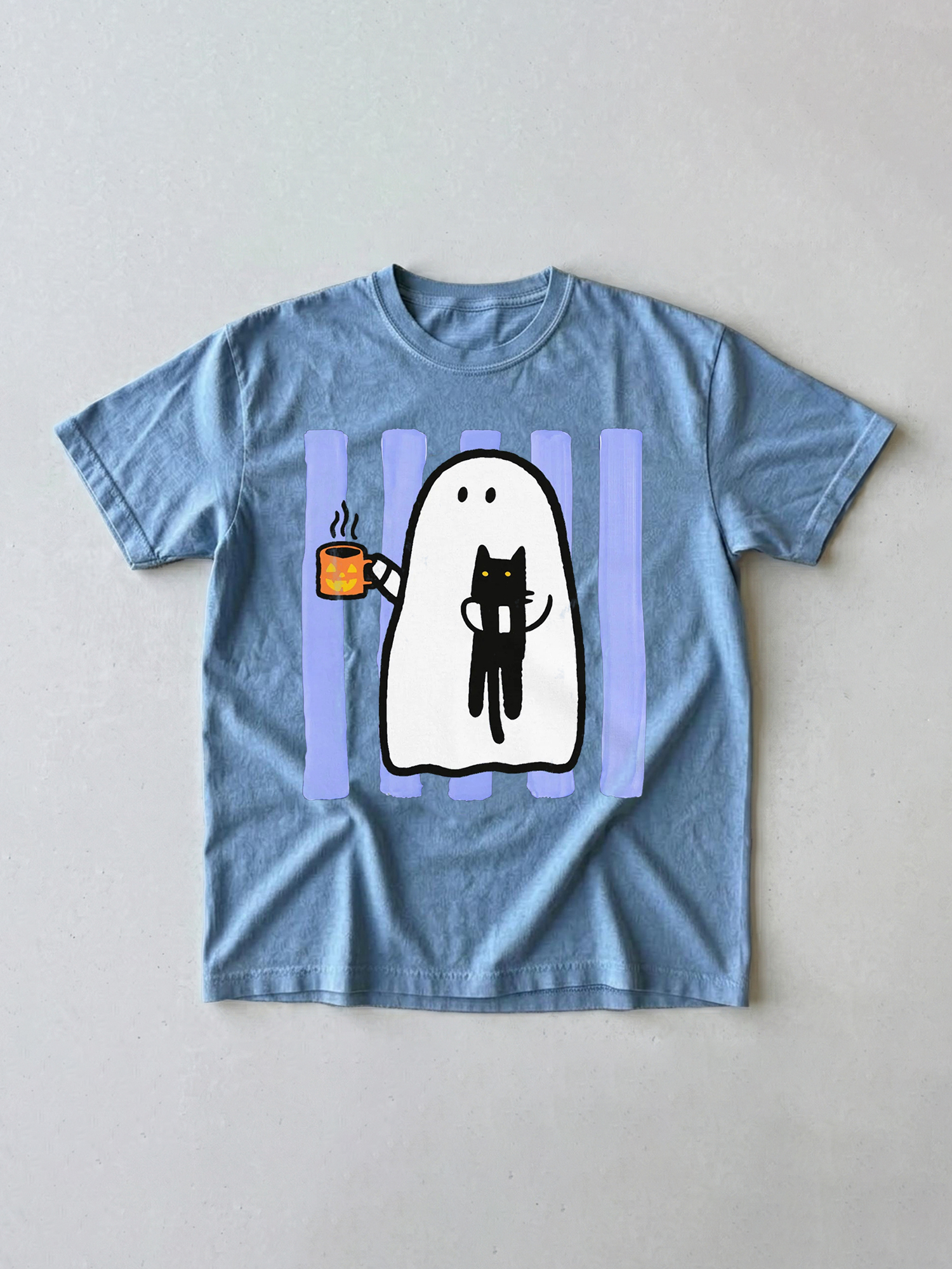 Cute Ghost & Black Cat Halloween Graphic T-Shirt