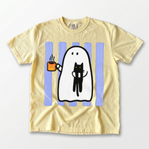 Cute Ghost & Black Cat Halloween Graphic T-Shirt