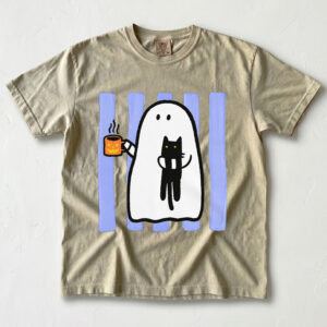Cute Ghost & Black Cat Halloween Graphic T-Shirt
