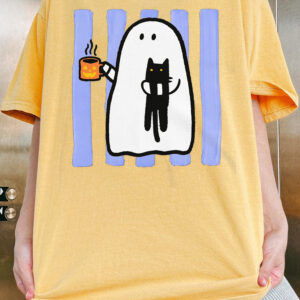 Cute Ghost & Black Cat Halloween Graphic T-Shirt
