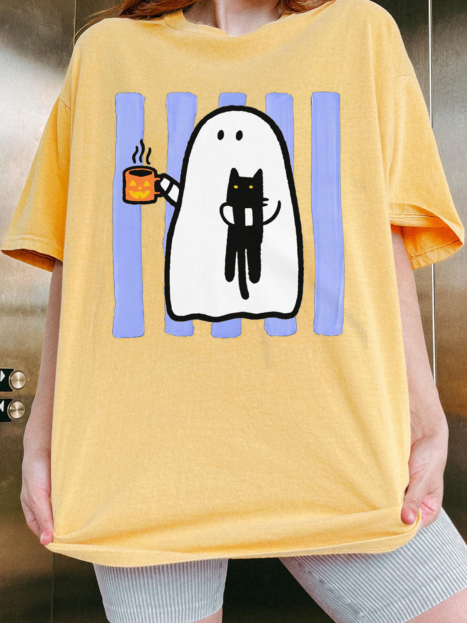 Cute Ghost & Black Cat Halloween Graphic T-Shirt