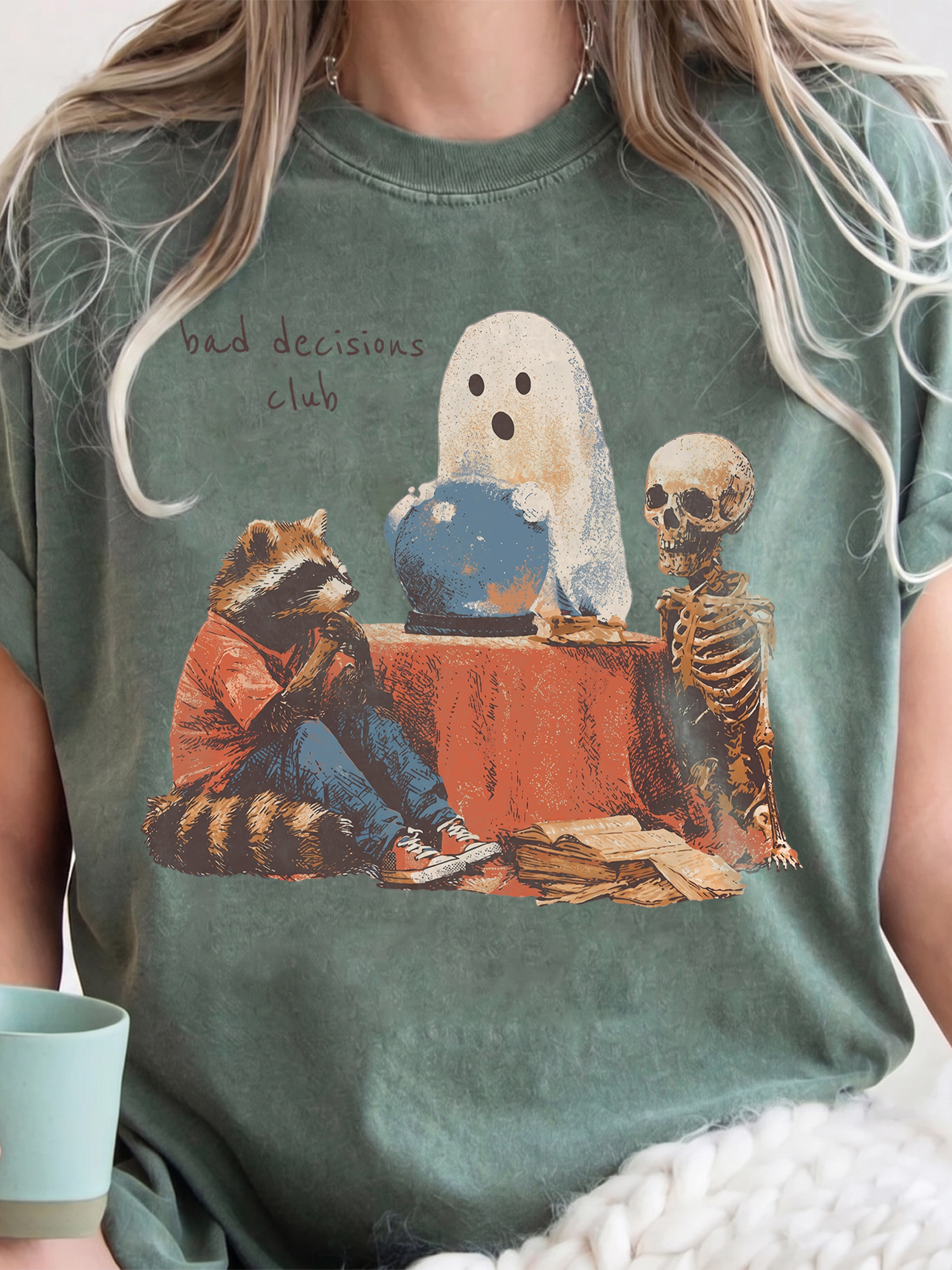 Bad Decisions Club Funny Ghost & Raccoon Graphic Tee