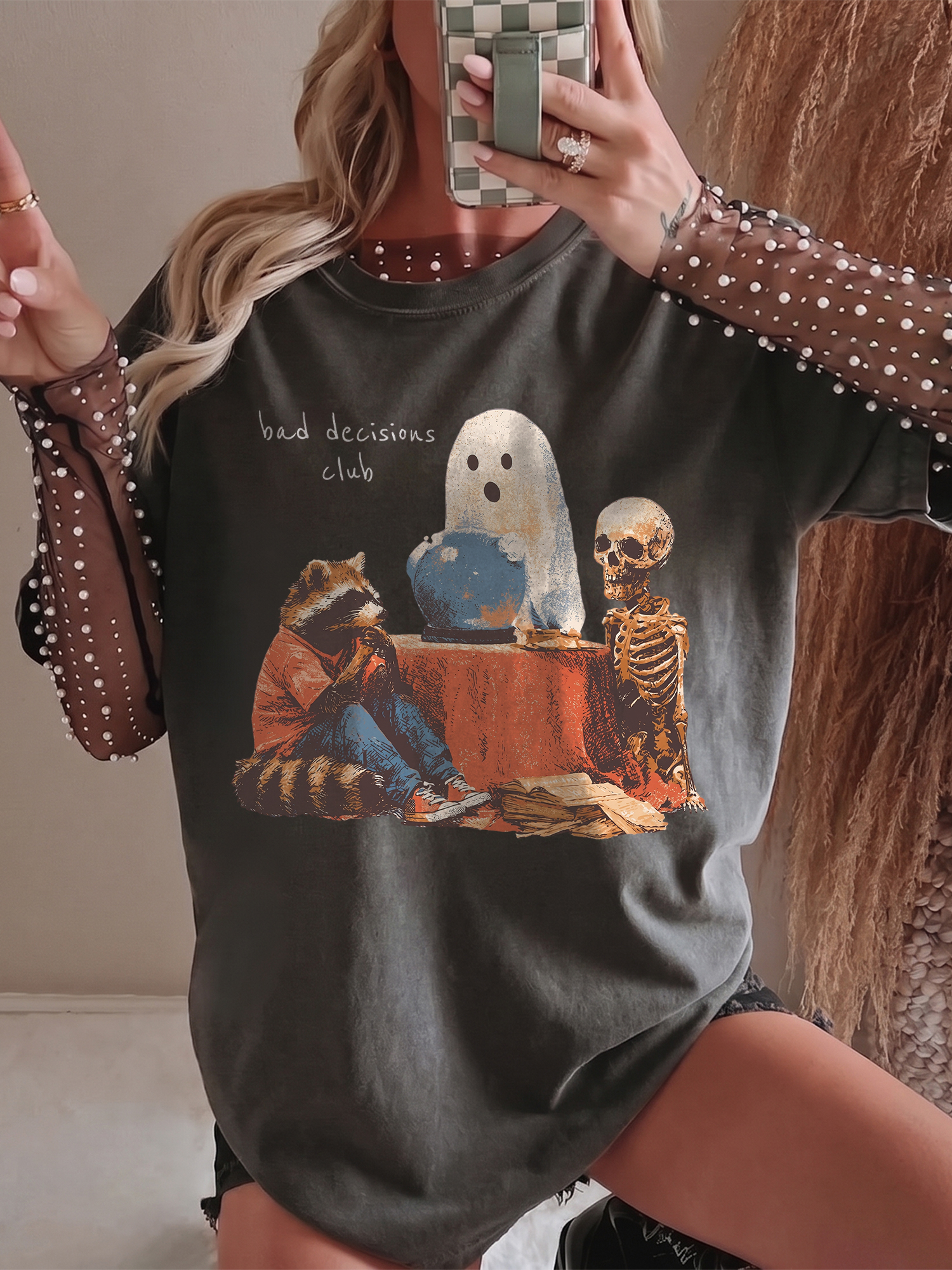 Bad Decisions Club Funny Ghost & Raccoon Graphic Tee