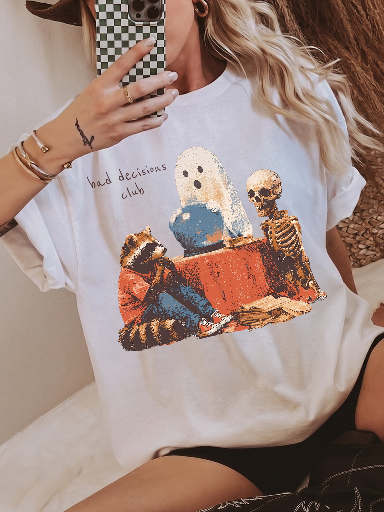Bad Decisions Club Funny Ghost & Raccoon Graphic Tee