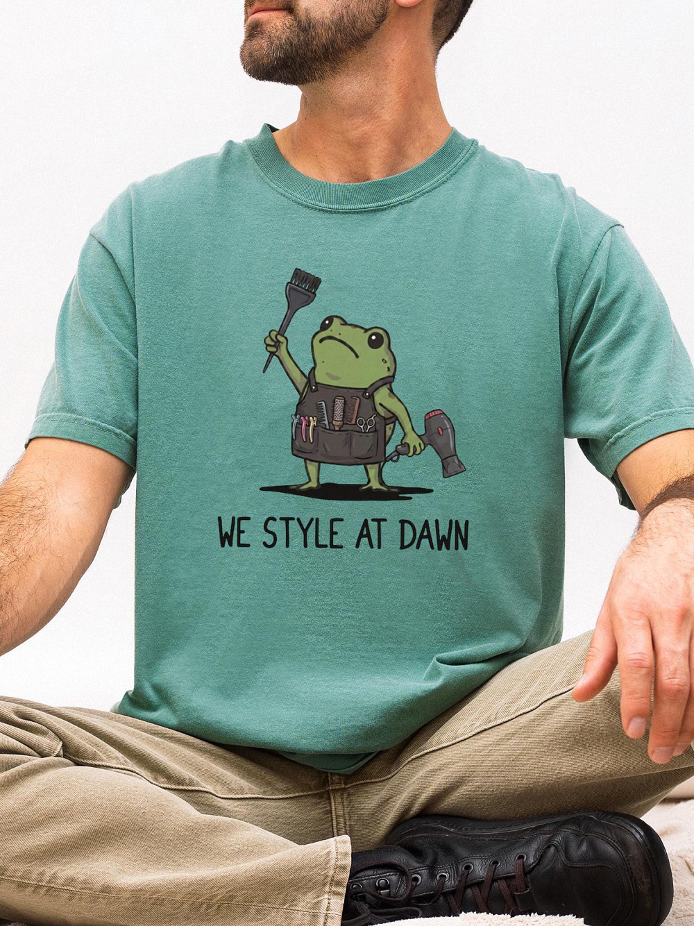 We Style At Dawn Funny Frog Hairstylist Graphic Tee