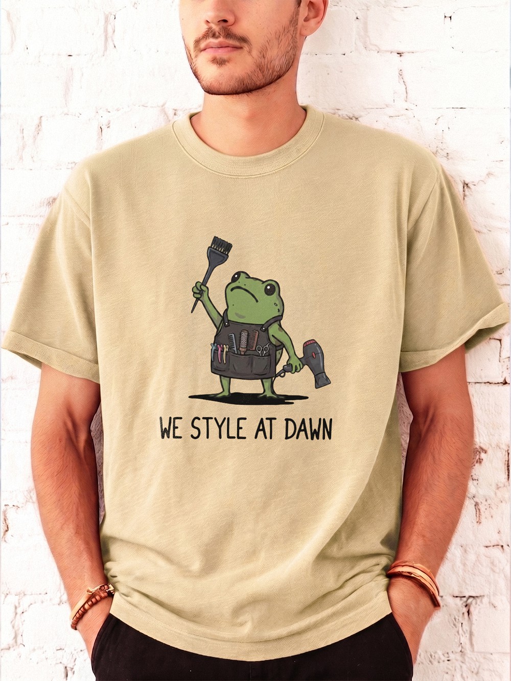 We Style At Dawn Funny Frog Hairstylist Graphic Tee