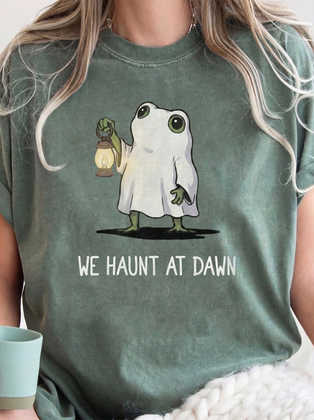 We Haunt At Dawn Cute Ghost Frog Premium Halloween Graphic Tee