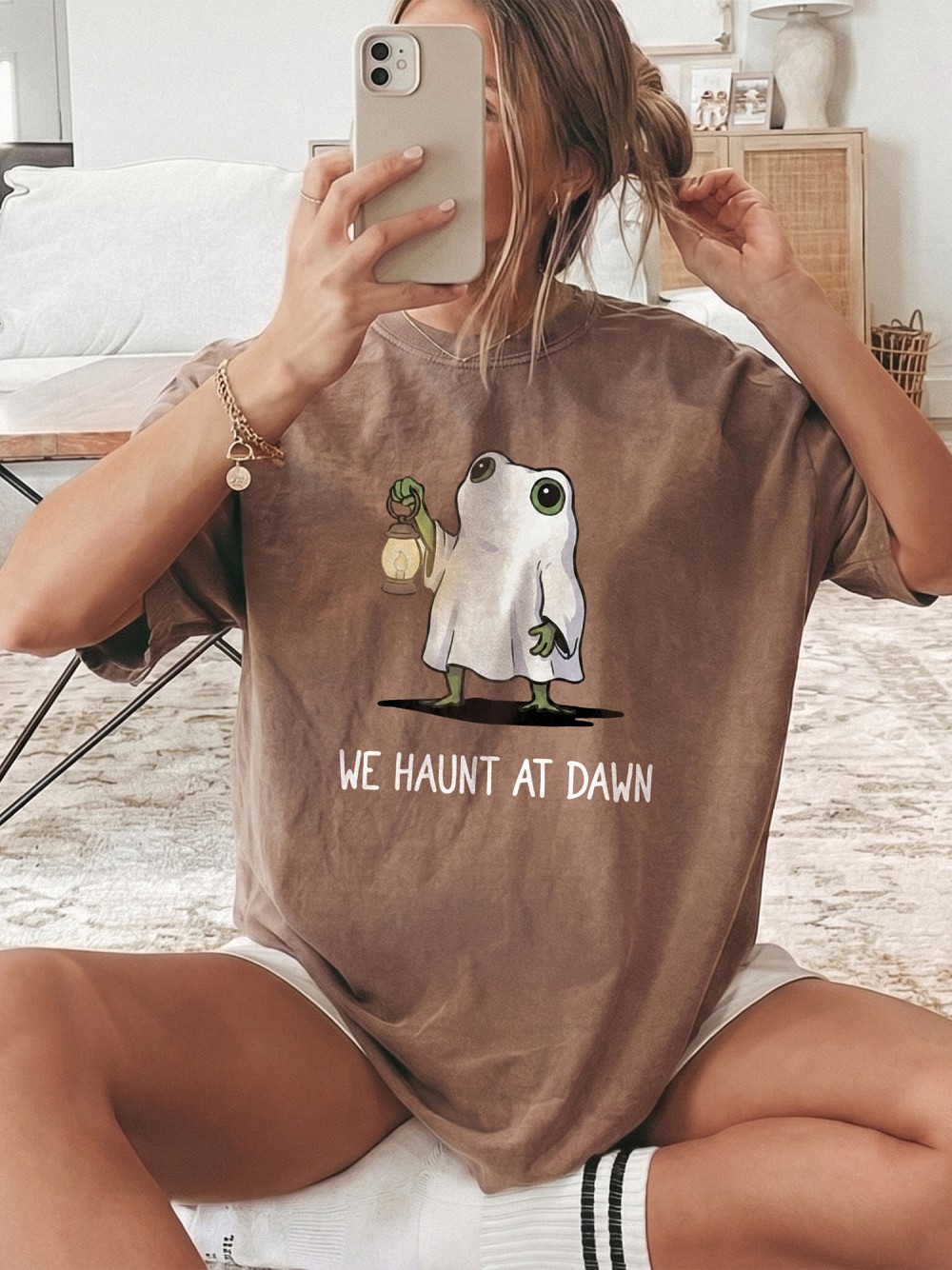 We Haunt At Dawn Cute Ghost Frog Premium Halloween Graphic Tee