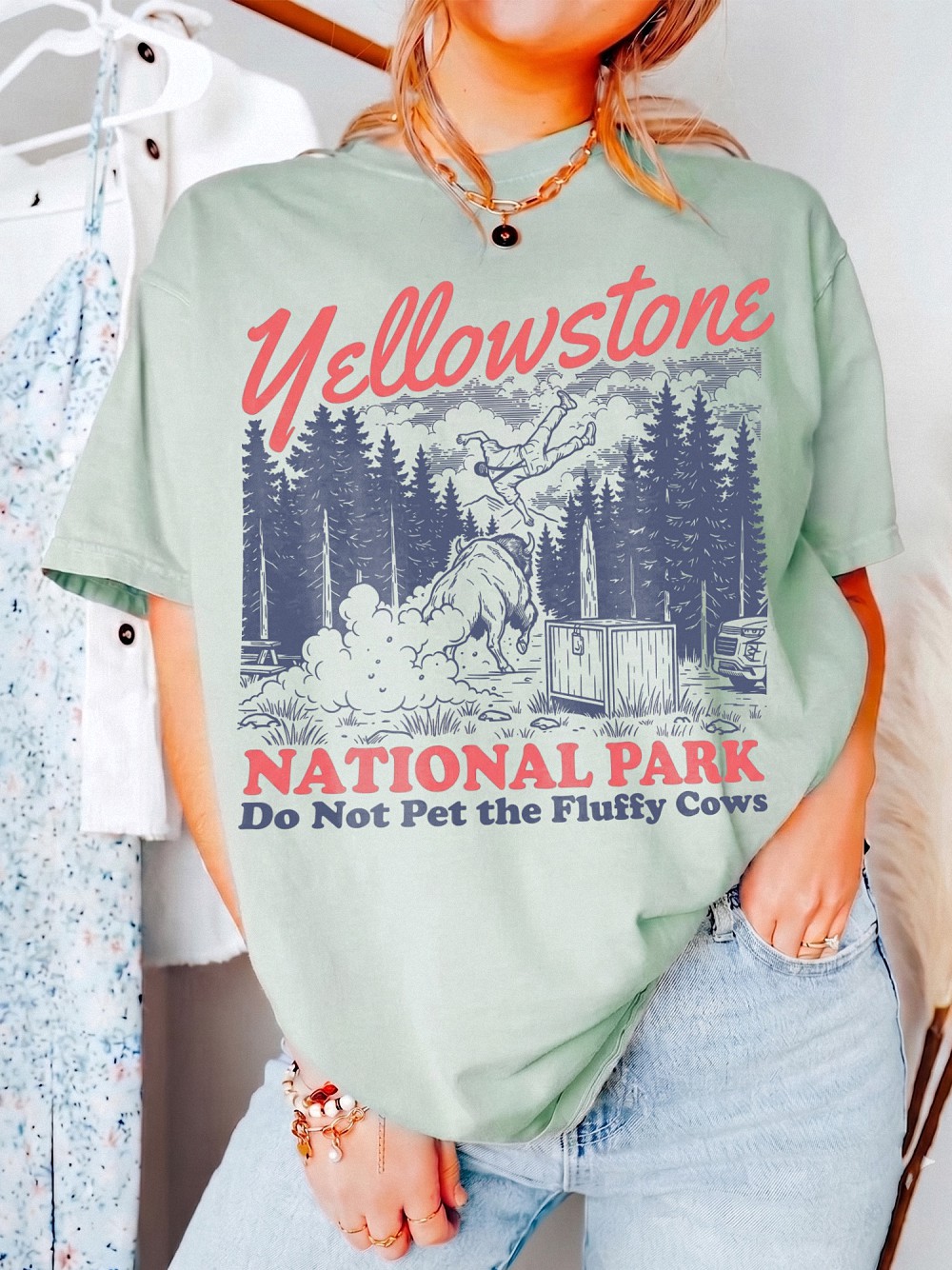 Funny Yellowstone Do Not Pet The Fluffy Cows Bison Graphic Tee