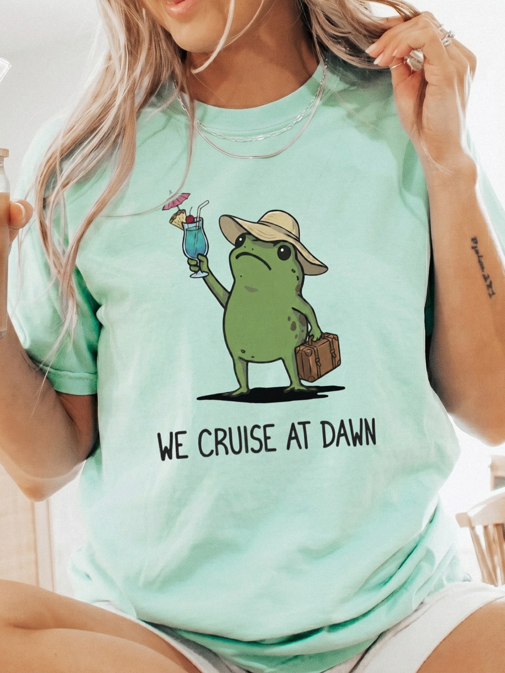 We Cruise At Dawn Funny Frog Graphic Tee - Summer Vacation Shirt
