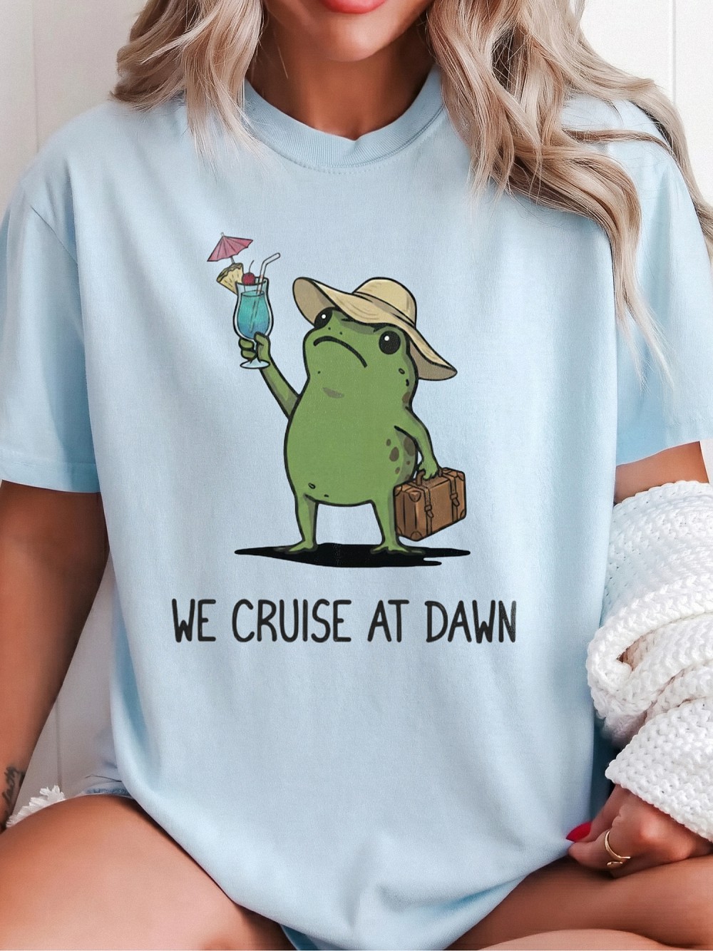 We Cruise At Dawn Funny Frog Graphic Tee - Summer Vacation Shirt