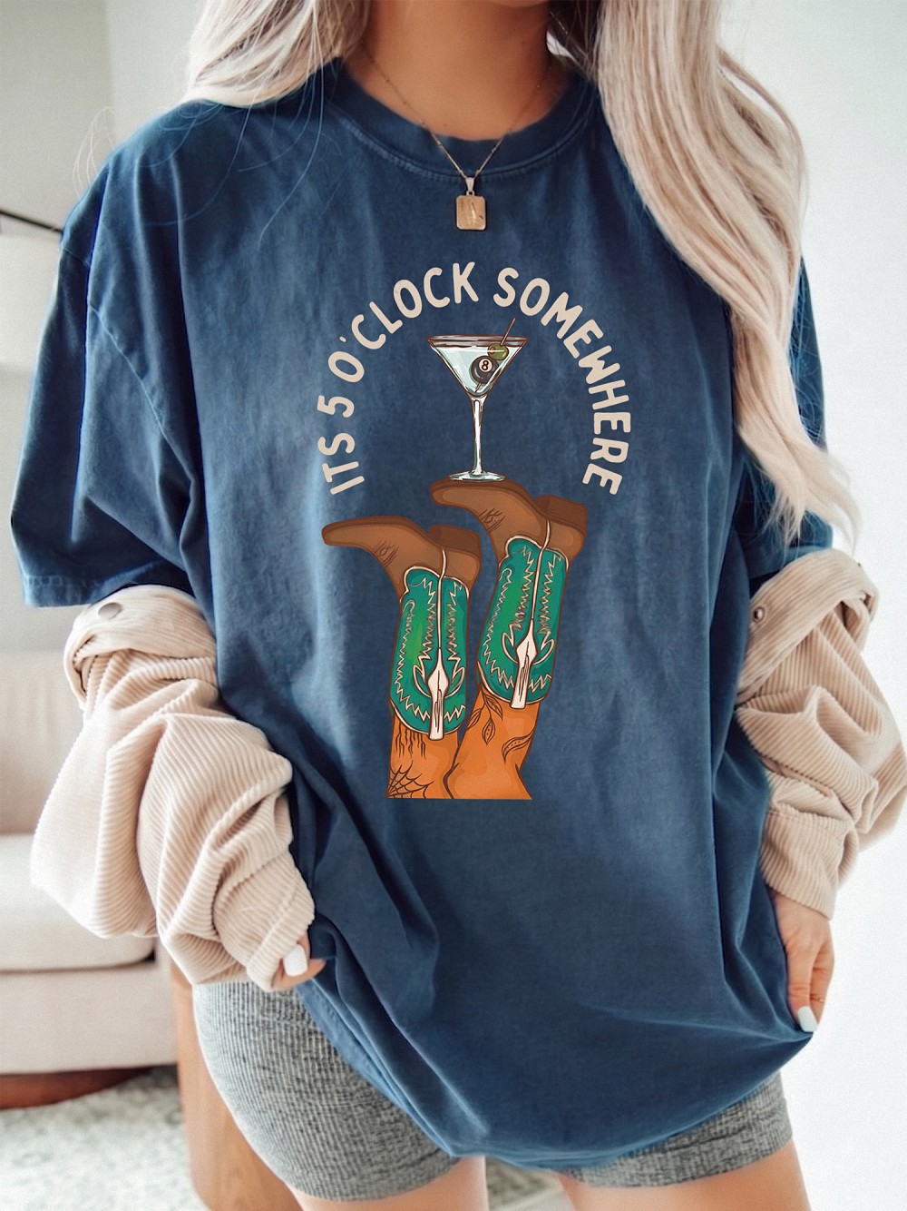 It's 5 O'Clock Somewhere Western Graphic Tee - Cowboy Boots Martini Shirt