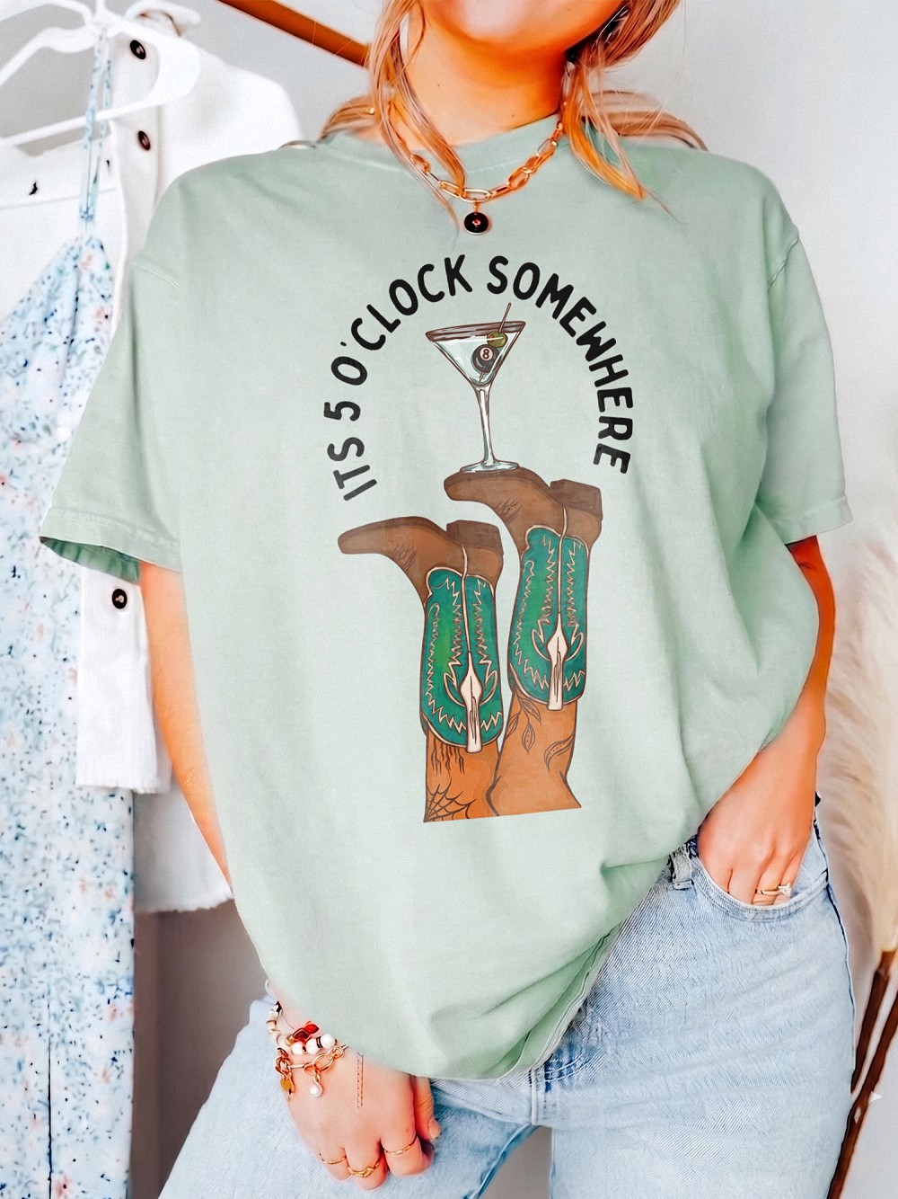 It's 5 O'Clock Somewhere Western Graphic Tee - Cowboy Boots Martini Shirt