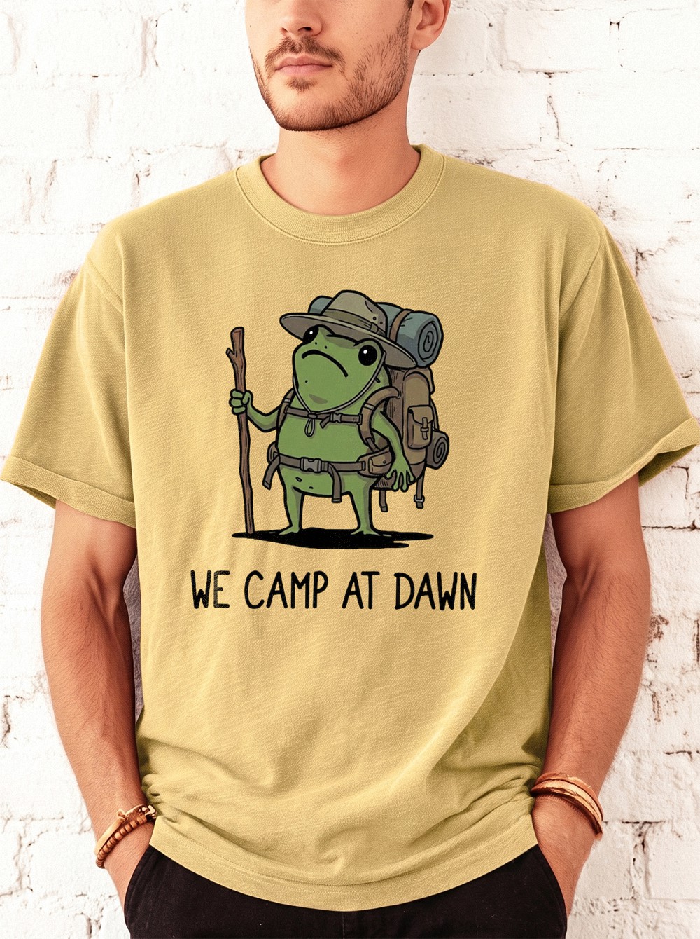 We Camp At Dawn Frog Shirt | Funny Hiking Graphic Tee