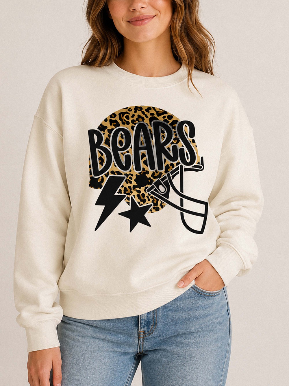 Trendy Bears Game Day Sweatshirt Leopard Print Football Helmet