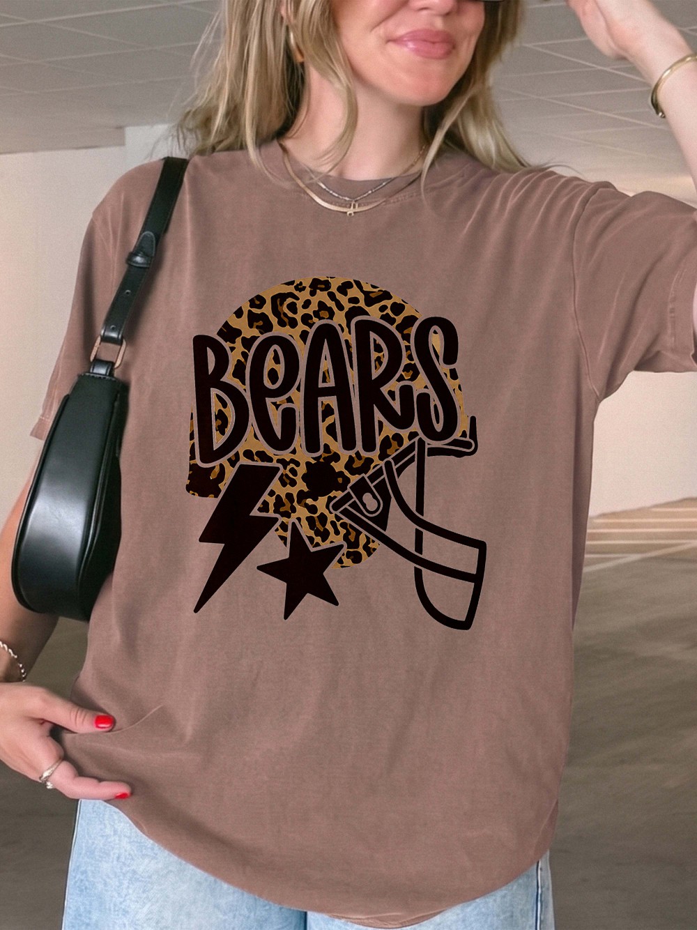 Trendy Bears Game Day Sweatshirt Leopard Print Football Helmet