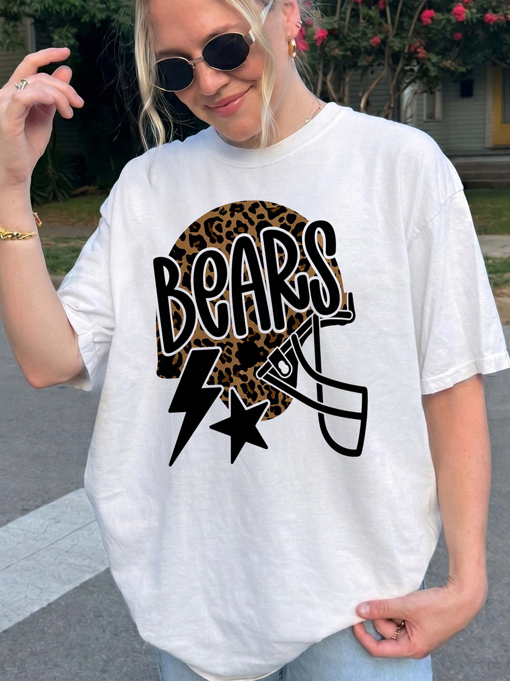 Trendy Bears Game Day Sweatshirt Leopard Print Football Helmet
