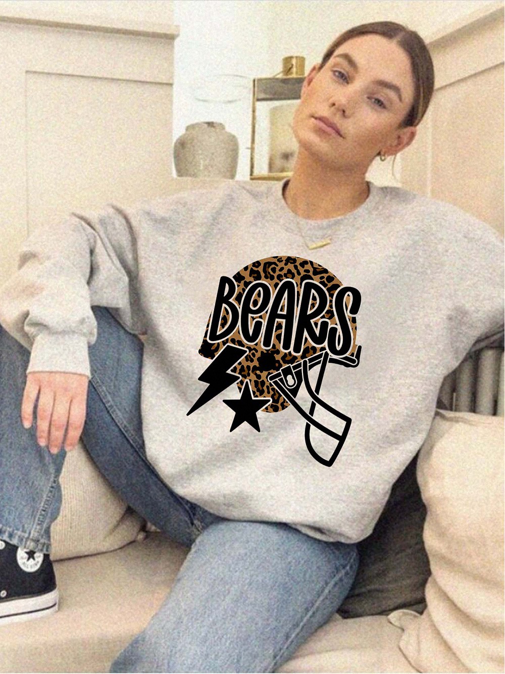 Trendy Bears Game Day Sweatshirt Leopard Print Football Helmet