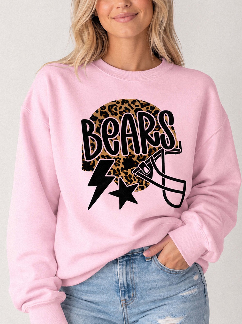 Trendy Bears Game Day Sweatshirt Leopard Print Football Helmet